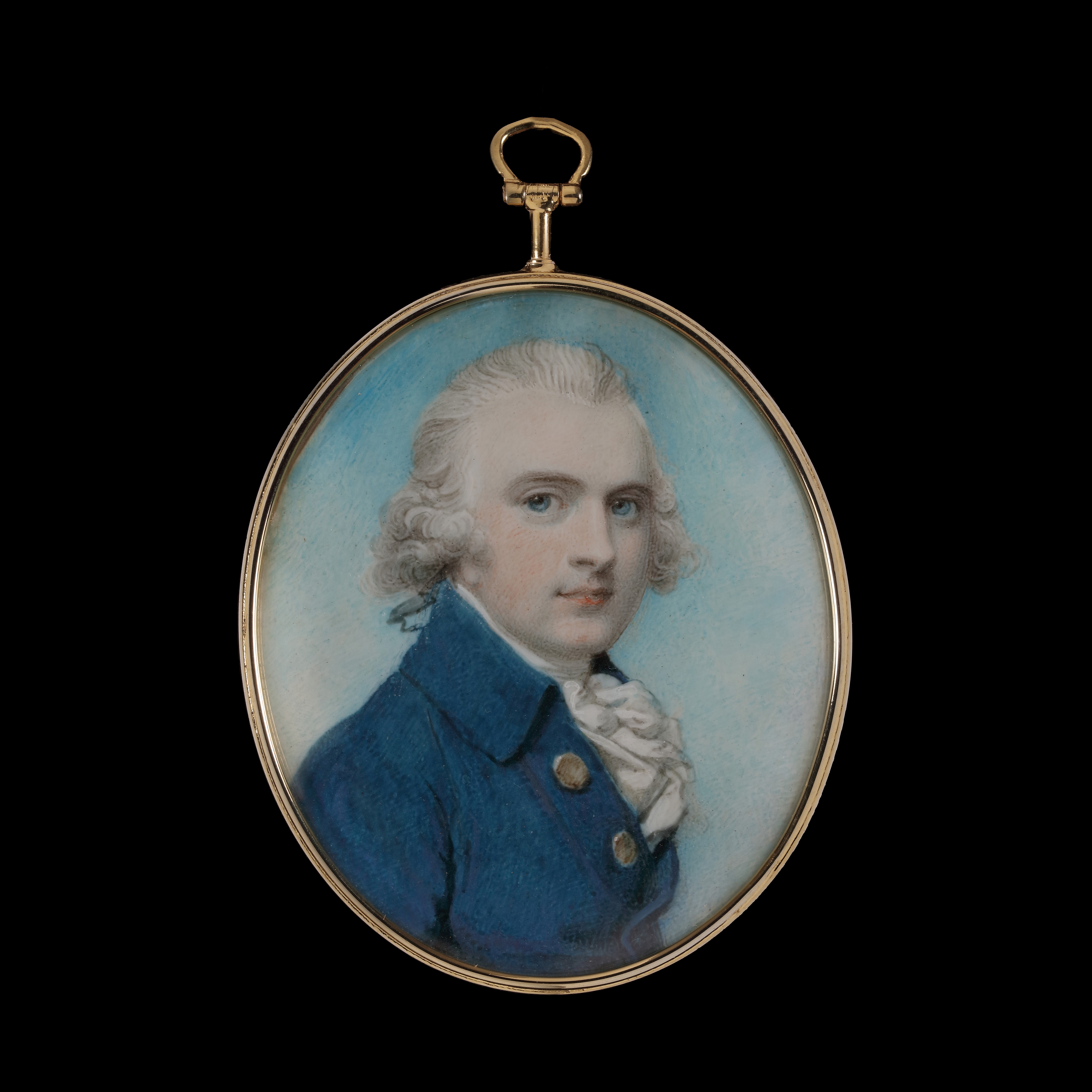 A portrait miniature of William Barrington (1758-1801), 3rd Viscount Barrington, wearing blue jacket with large brass buttons, white waistcoat and stock
